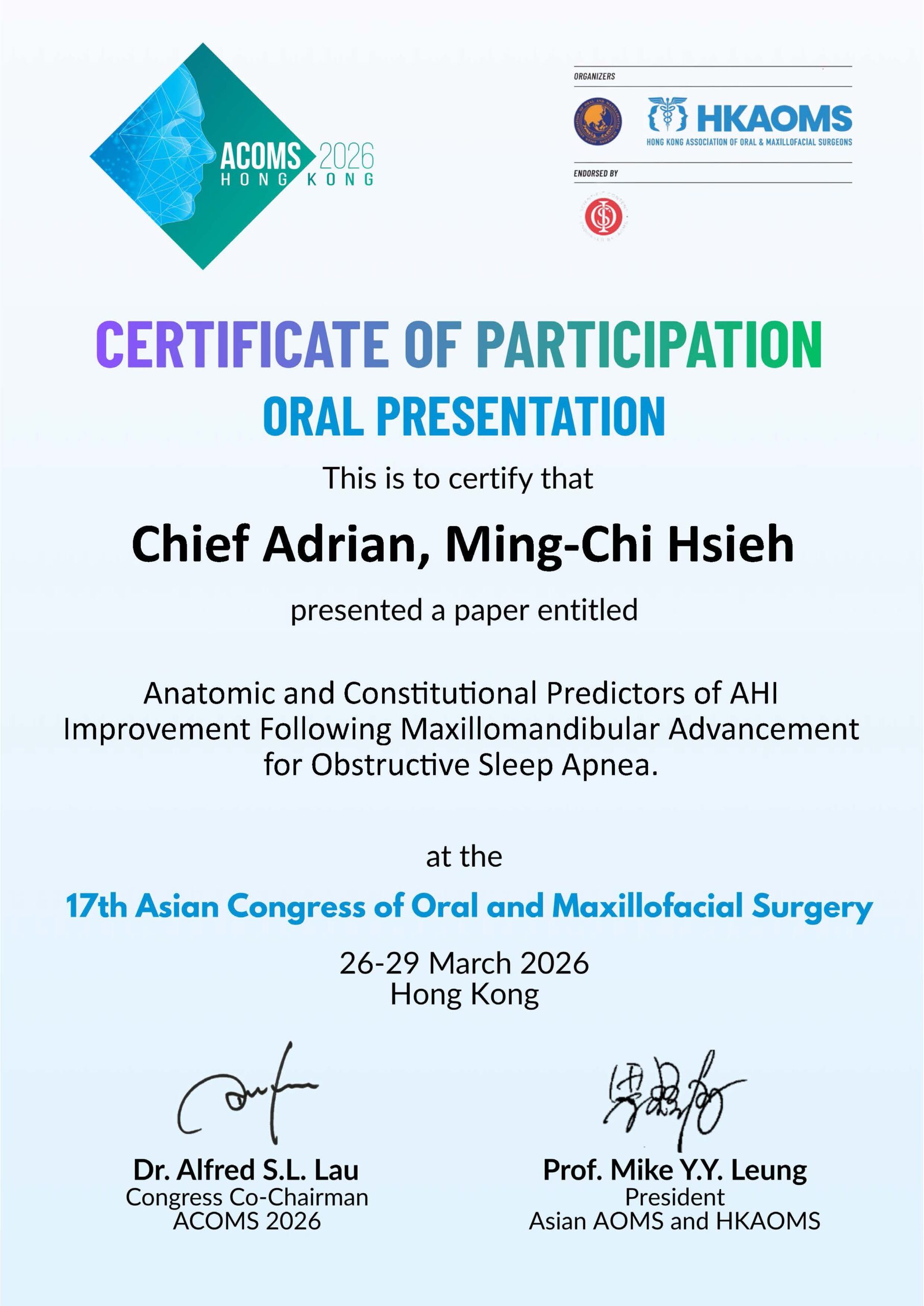 【 ACOMS 2026 】Anatomic and Constitutional Predictors of AHI Improvement Following Maxillomandibular Advancement for Obstructive Sleep Apnea